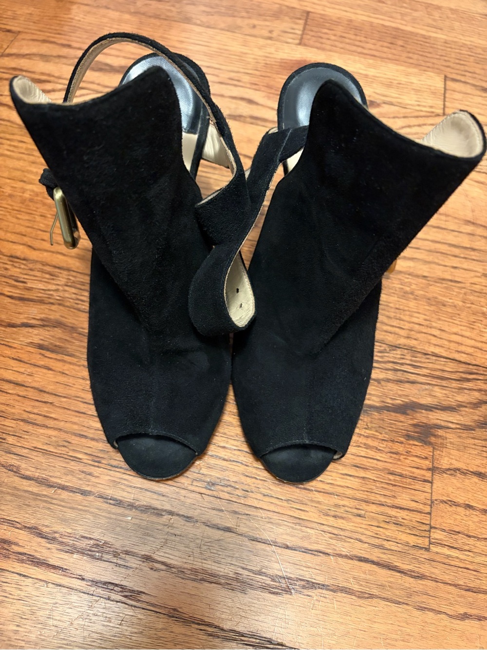 Manolo Blahnik Black Suede Open-Toe Slingback Heels